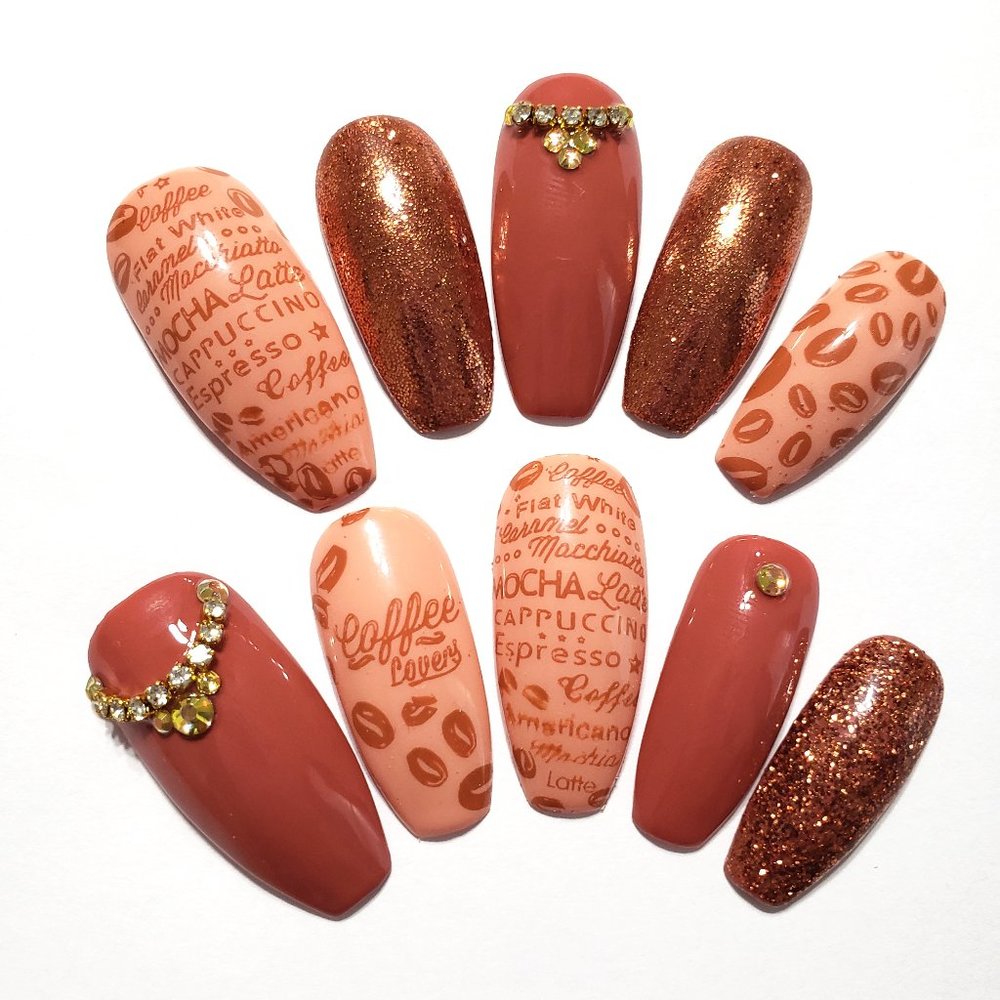 Long Ballerina Gel Press on nails " Coffee Lovers "